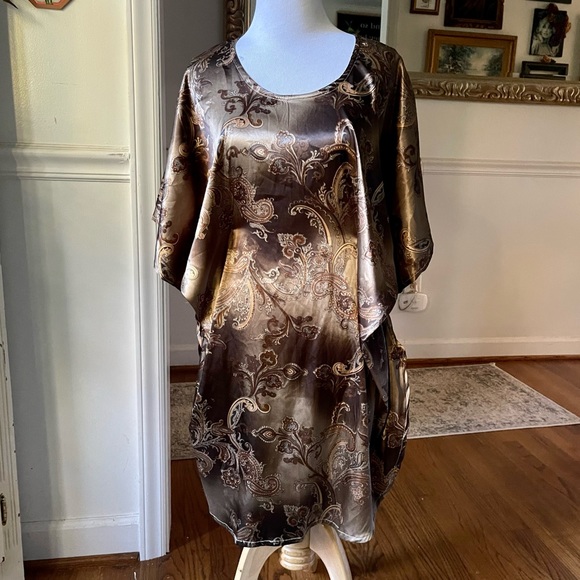 Vintage Gold 60s 70s silky Paisley Kaftan Mini butterfly Dress Angel Sleeves - Picture 14 of 16